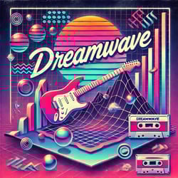 DALL·E 2024-07-23 15.35.07 - Album cover for Dreamwave_ A vibrant and dynamic design with 80s and New Wave influences. The background features neon colors, geometric shapes, and