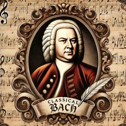 DALL·E 2024-07-23 15.36.57 - Album cover for a music store featuring a classical theme with Johann Sebastian Bach. The background is an elegant, vintage sheet music scroll with in